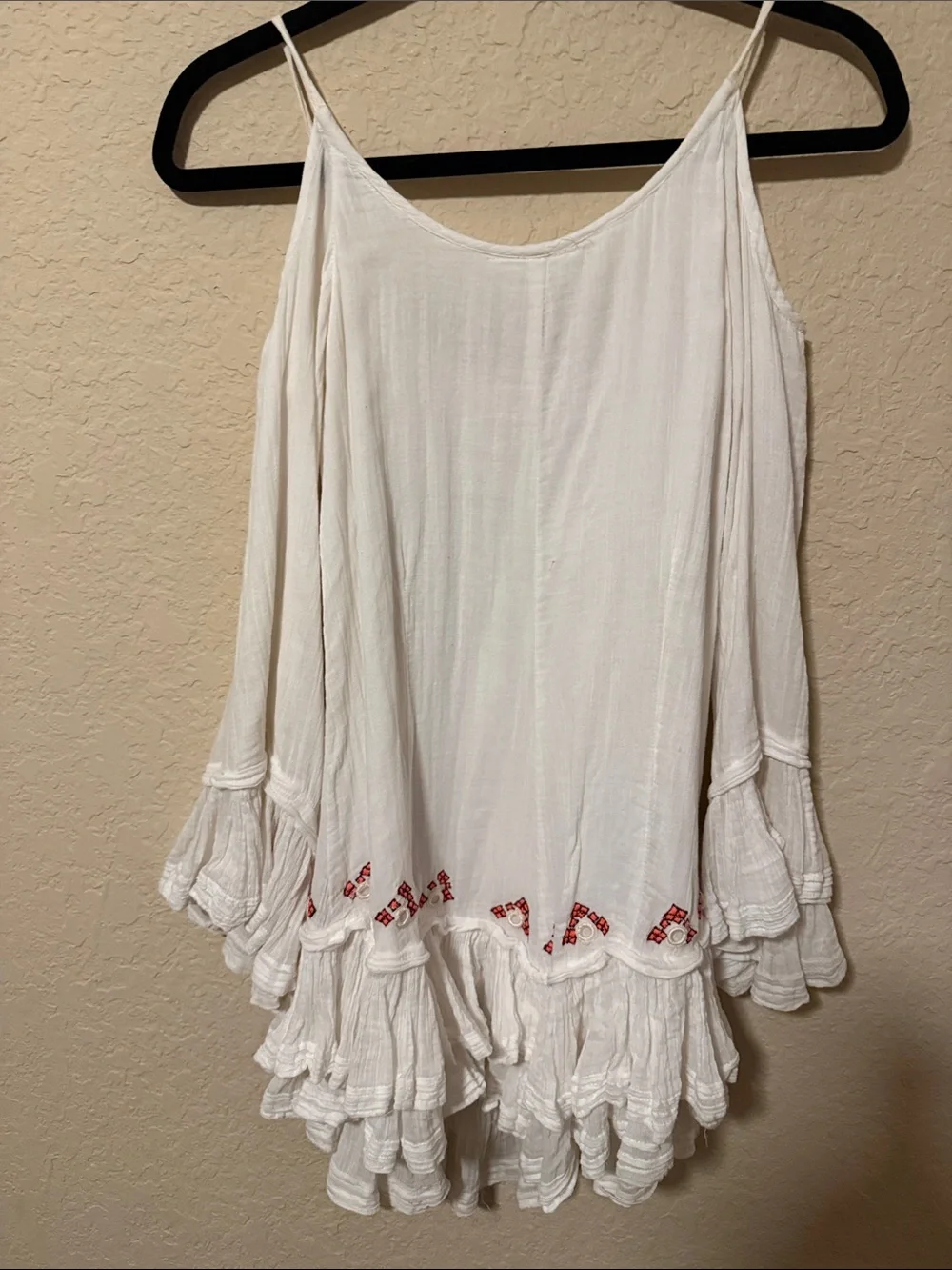 Free People White Cotton Asymmetrical Dress with Red Embroidery